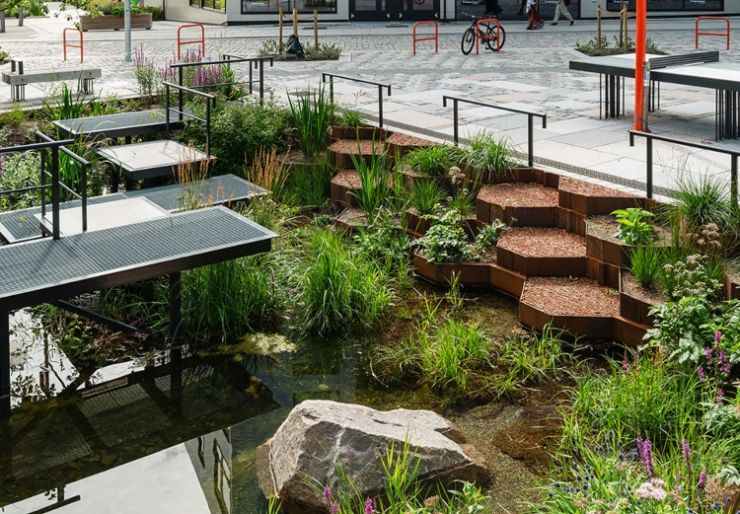 OBOS vandt Oslo bys arkitekturpris 2025. Det nye torget mellom blokkene på Vollebekk i Groruddalen vant Oslo bys arkitekturpris 2025.
